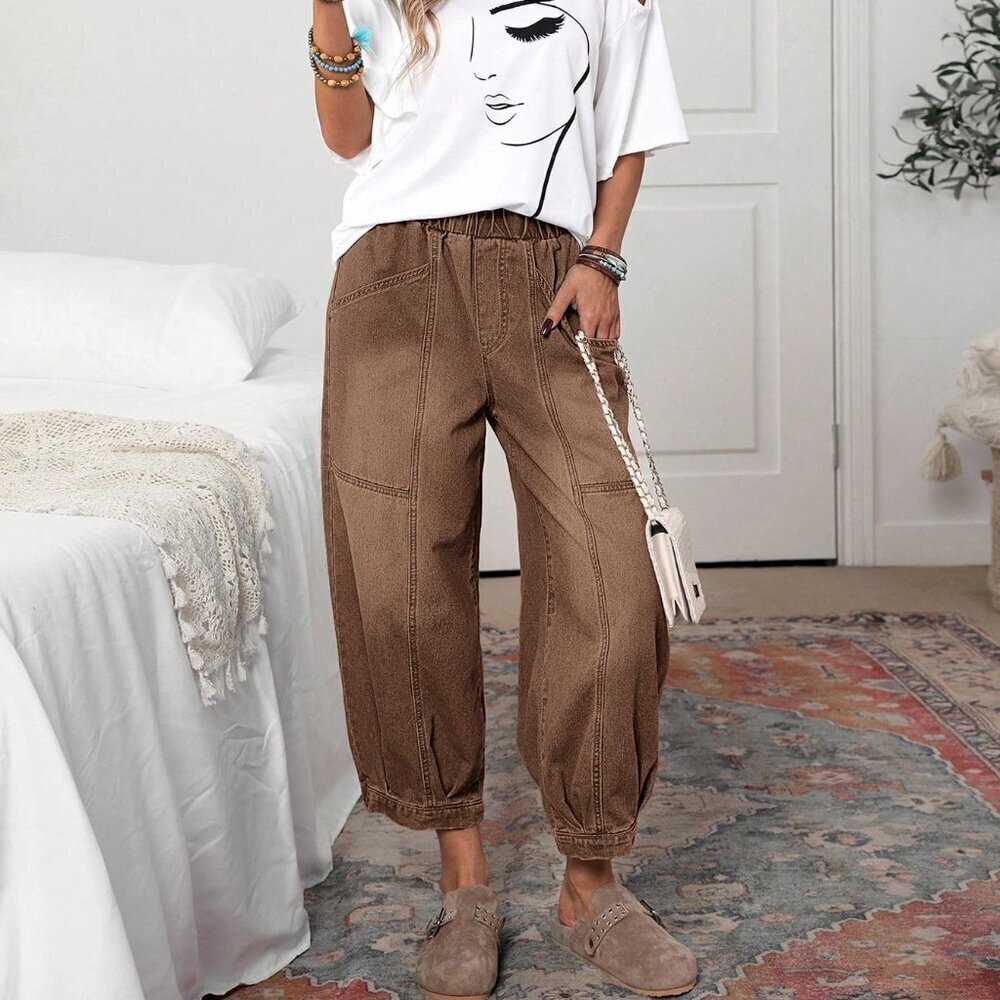 Coffee Brown Casual Women's Elastic Waist Loose Tapered Jeans - Picture 2 of 6
